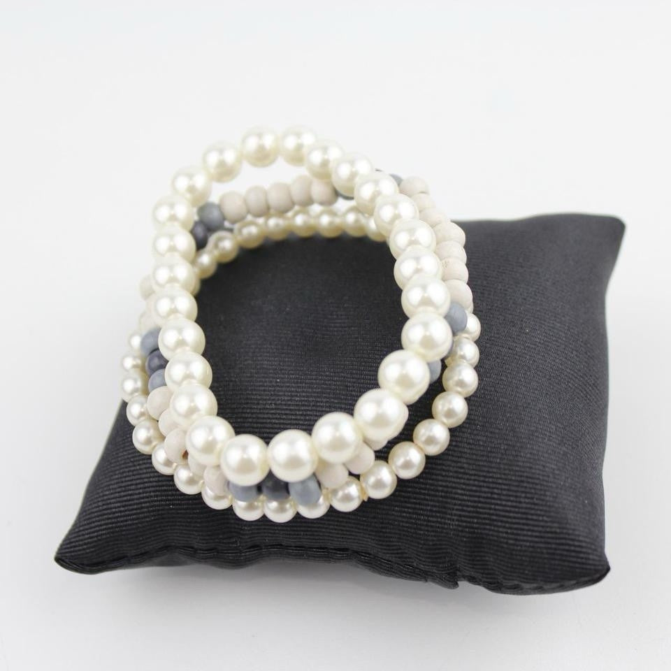 Set of 3 Beaded Bracelets White Pearl Beige Gray Stone Stretch Jewelry Bohemian