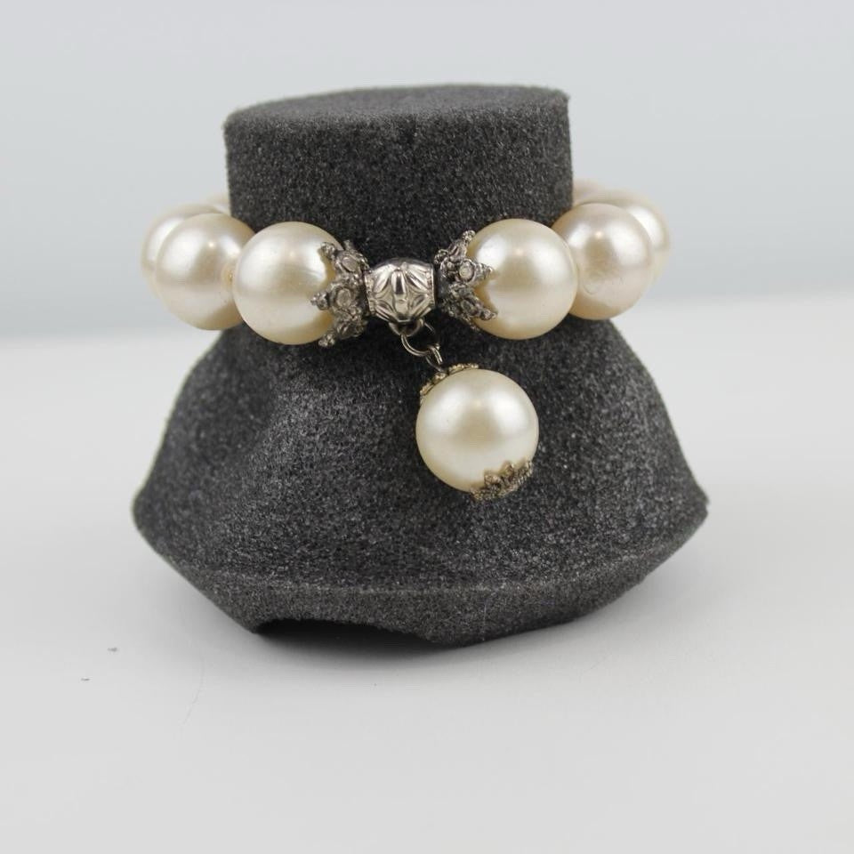 Classic White Pearl Bracelet Stretch Dangle Charm Silver Accent Elegant Jewelry
