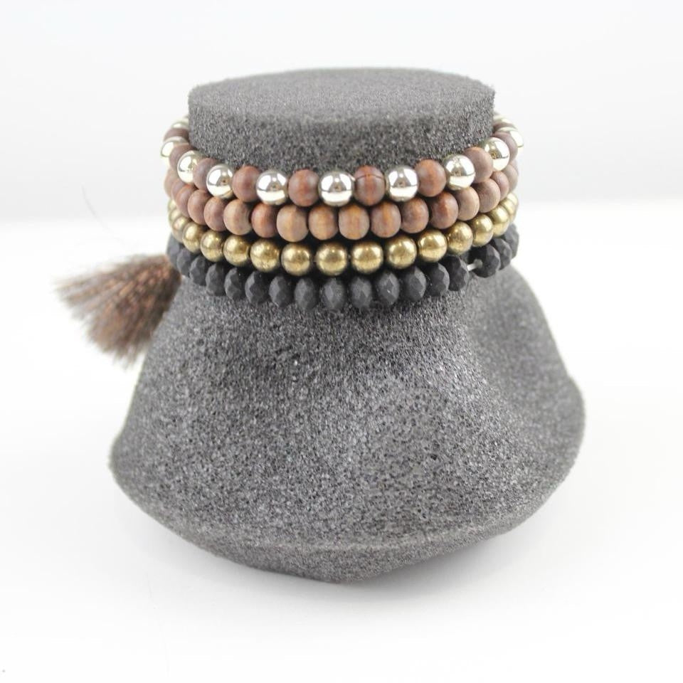 Boho Beaded Bracelet Set Tassel Charm Wood Black Gold Layered Jewelry