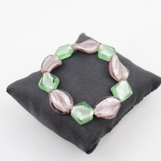 Faceted Glass Bead Bracelet Green Pink Metallic Sheen Vibrant Contemporary