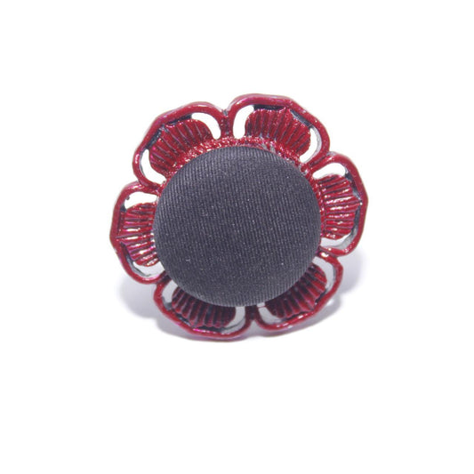 Red Poppy Flower Ring Black Fabric Button Filigree Statement Jewellery