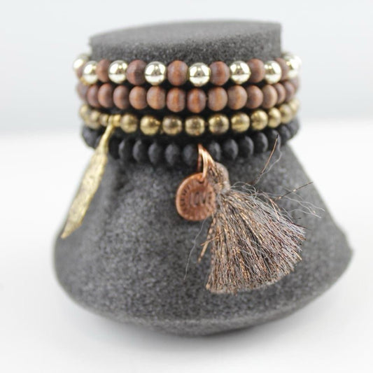 Boho Beaded Bracelet Set Tassel Charm Wood Black Gold Layered Jewelry