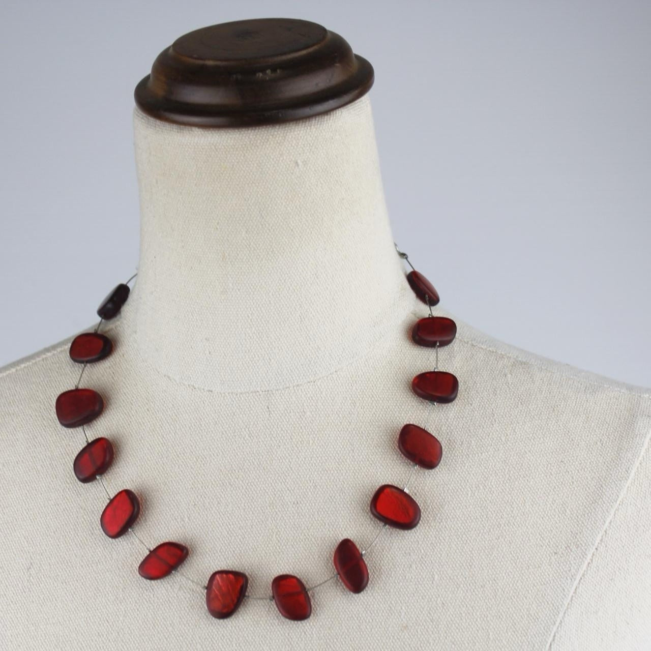 Red Bead Necklace Irregular Shape Deep Red Glass Single Strand Minimalist
