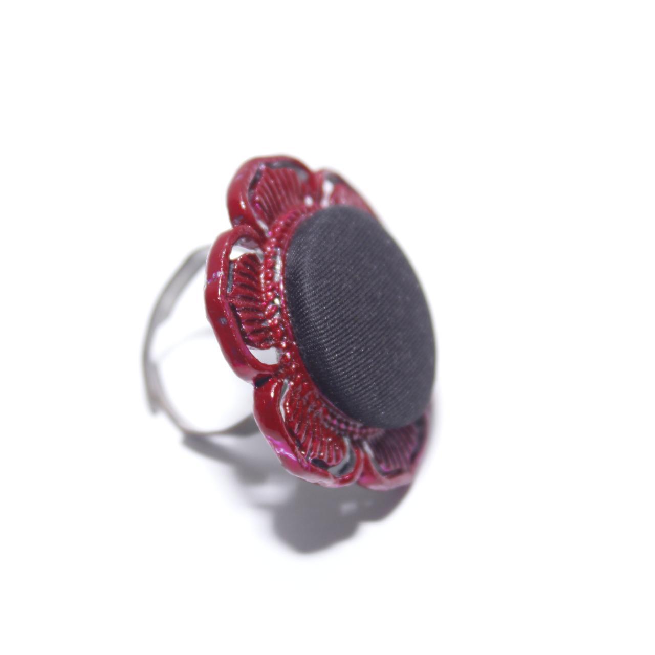Red Poppy Flower Ring Black Fabric Button Filigree Statement Jewellery