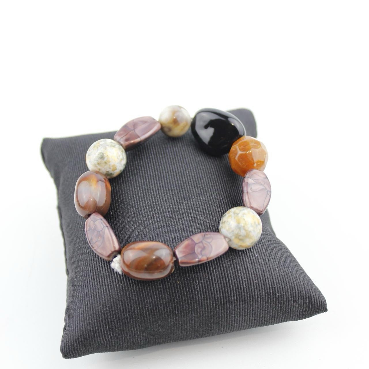 Polished Stone Bead Bracelet Earthy Tones Brown Amber Black Cream Organic