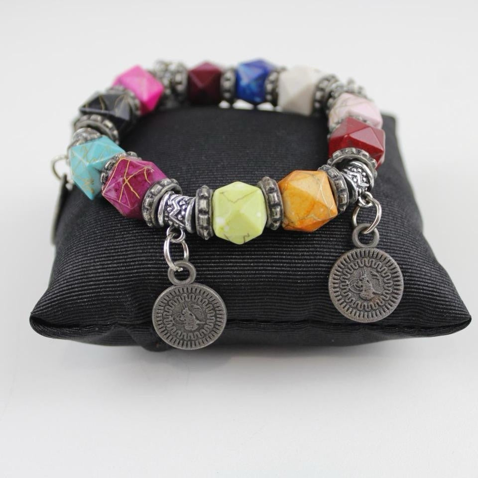 Bohemian Multi-Color Bead Bracelet Silver Tone Coin Dangle Charm Jewelry