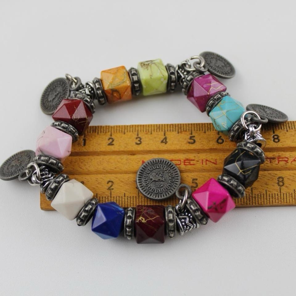 Bohemian Multi-Color Bead Bracelet Silver Tone Coin Dangle Charm Jewelry