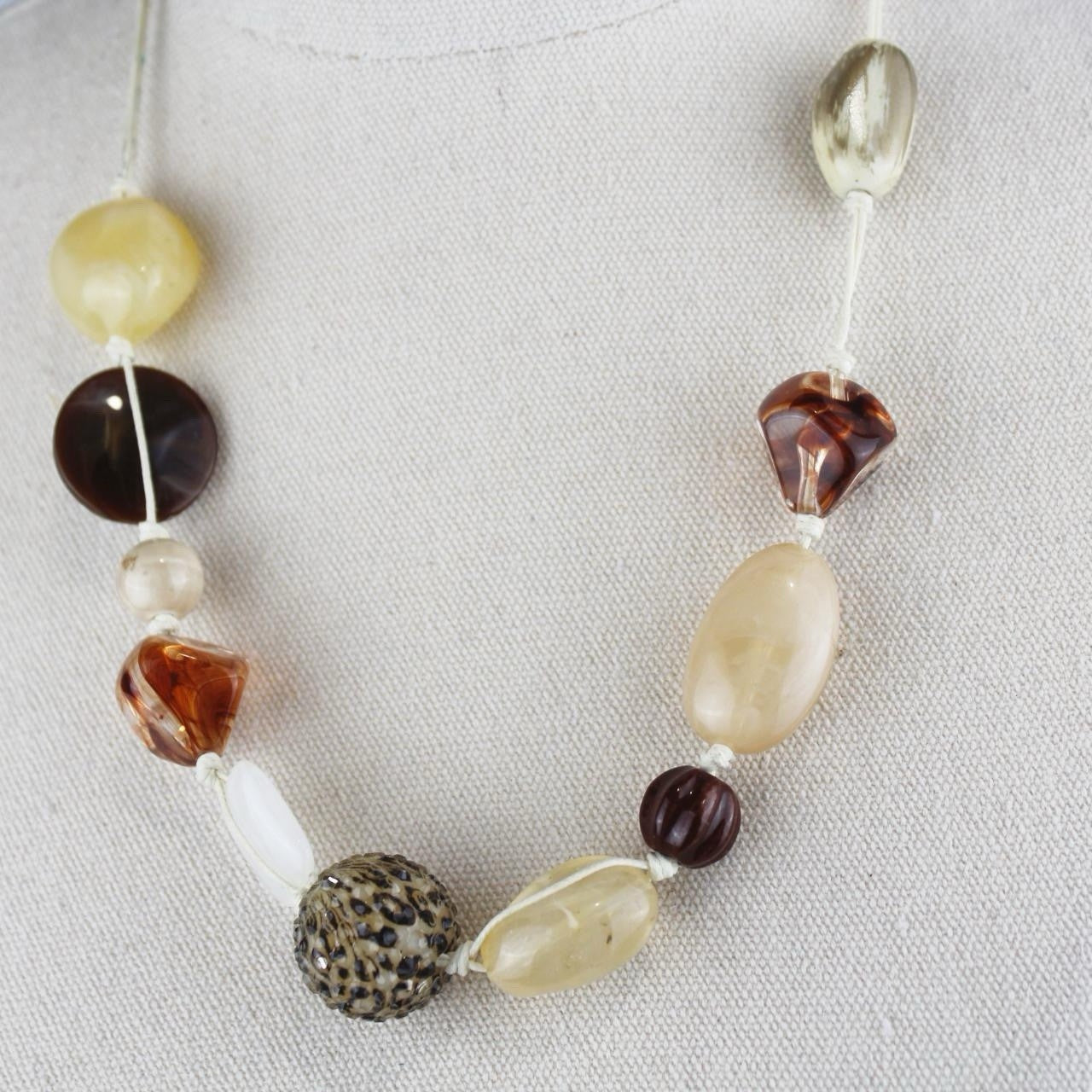 Bohemian Beaded Necklace Amber Brown Cream Speckled Glass Resin Stone Single