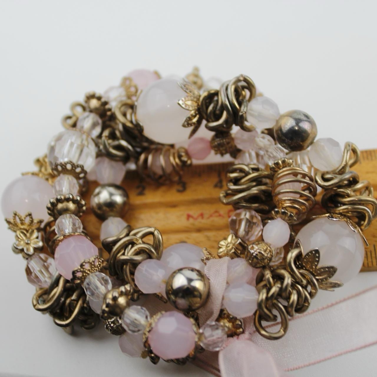 Elegant Beaded Bracelets Set with White Pink Gold Beads and Ribbon