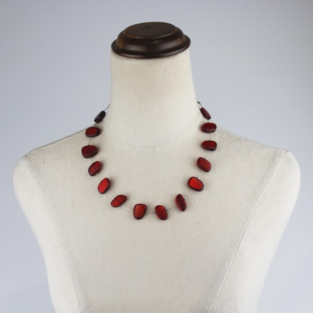 Red Bead Necklace Irregular Shape Deep Red Glass Single Strand Minimalist
