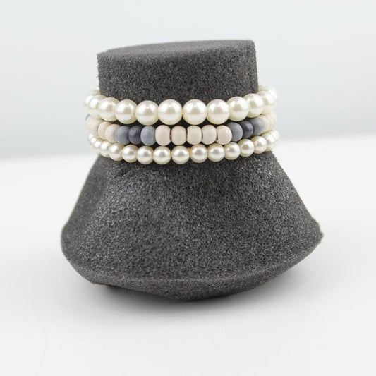 Set of 3 Beaded Bracelets White Pearl Beige Gray Stone Stretch Jewelry Bohemian