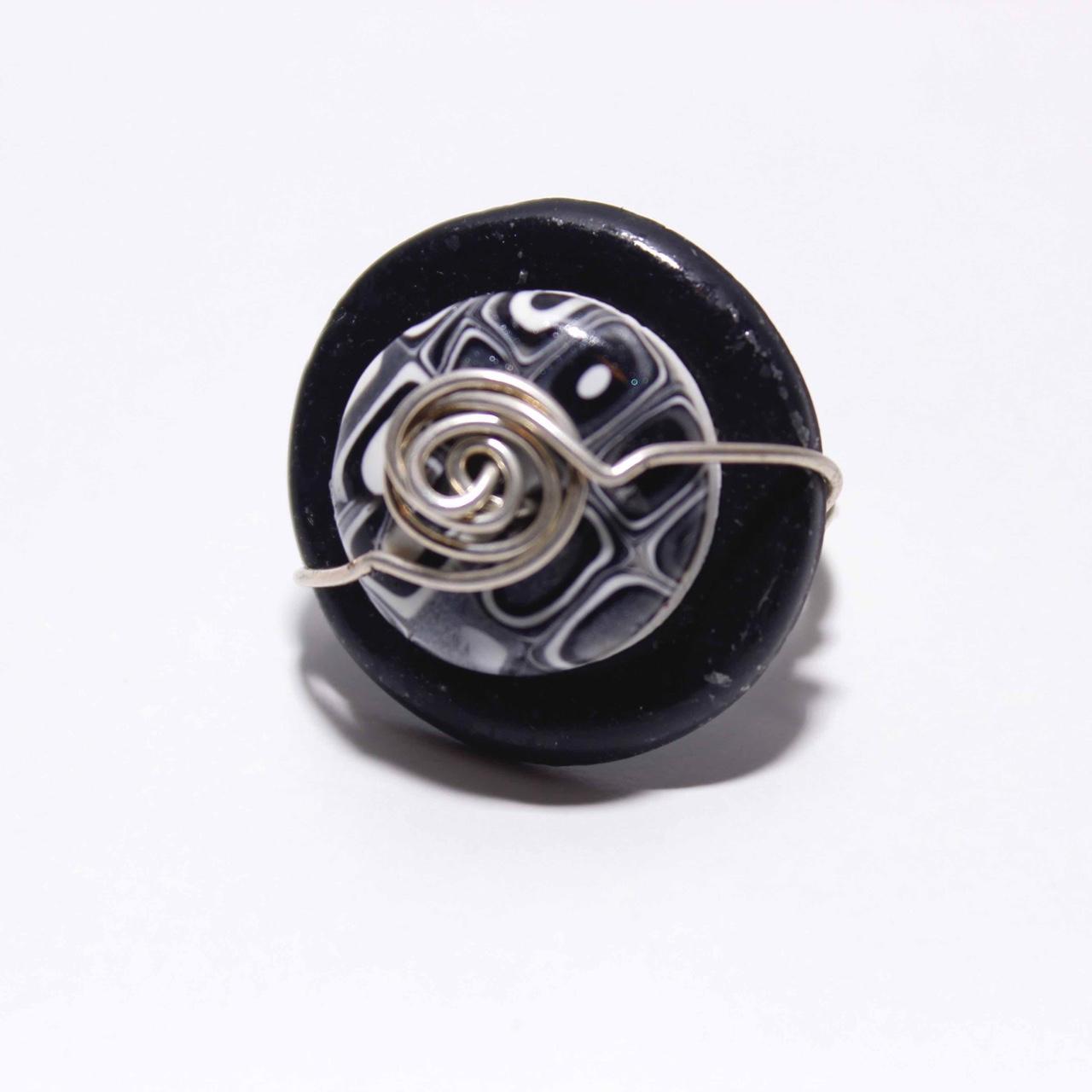 Wire Wrapped Ring Artisan Boho Black White Abstract Bead Statement Jewellery