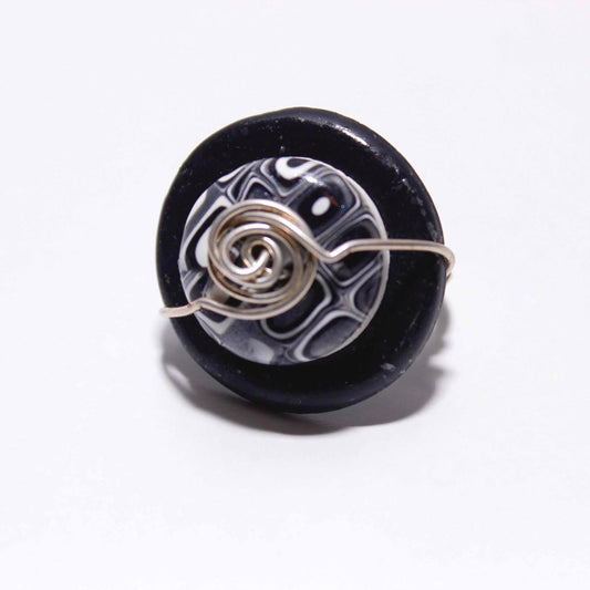 Wire Wrapped Ring Artisan Boho Black White Abstract Bead Statement Jewellery