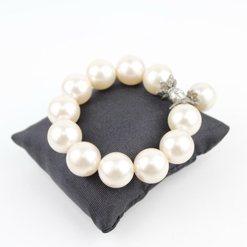 Classic White Pearl Bracelet Stretch Dangle Charm Silver Accent Elegant Jewelry