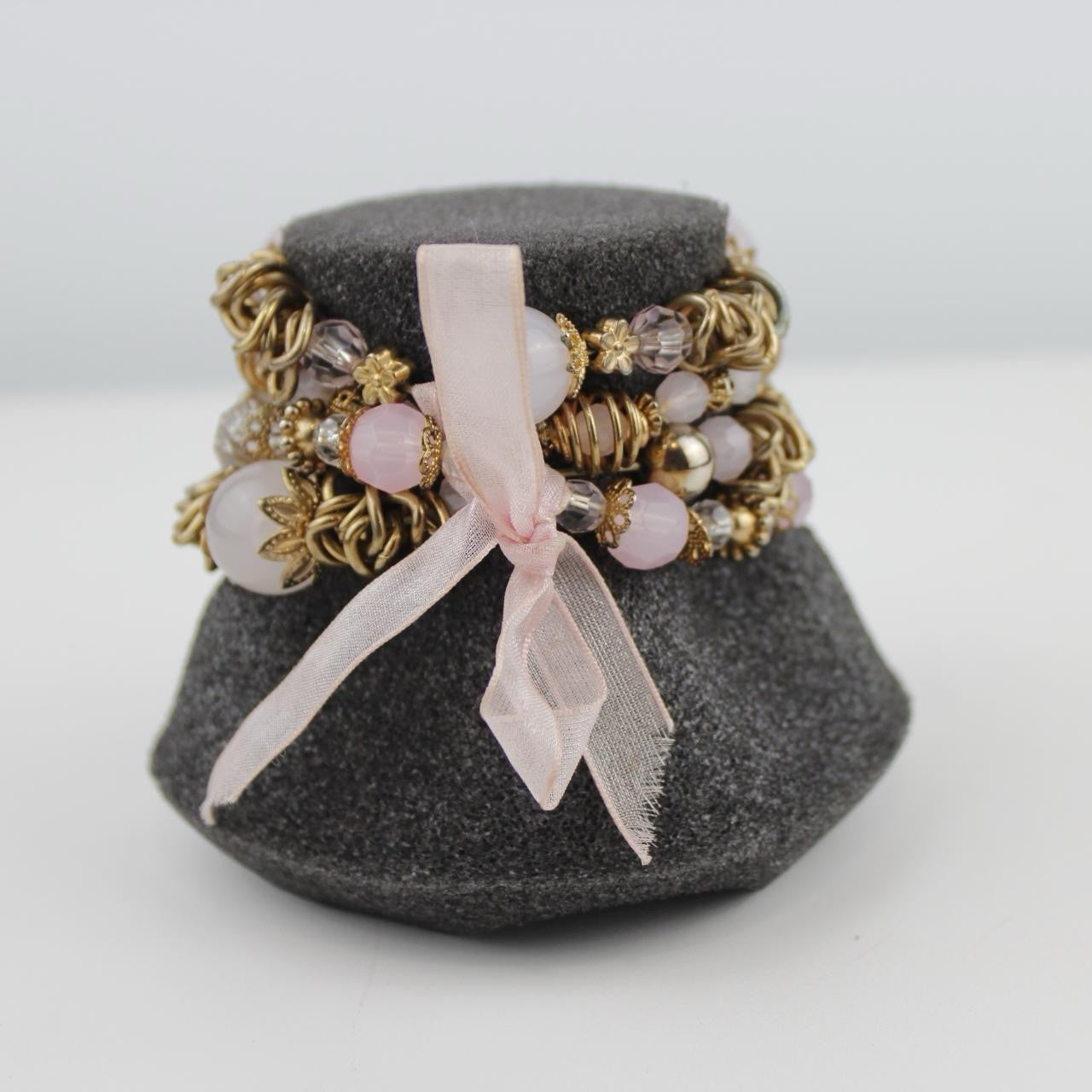 Elegant Beaded Bracelets Set with White Pink Gold Beads and Ribbon