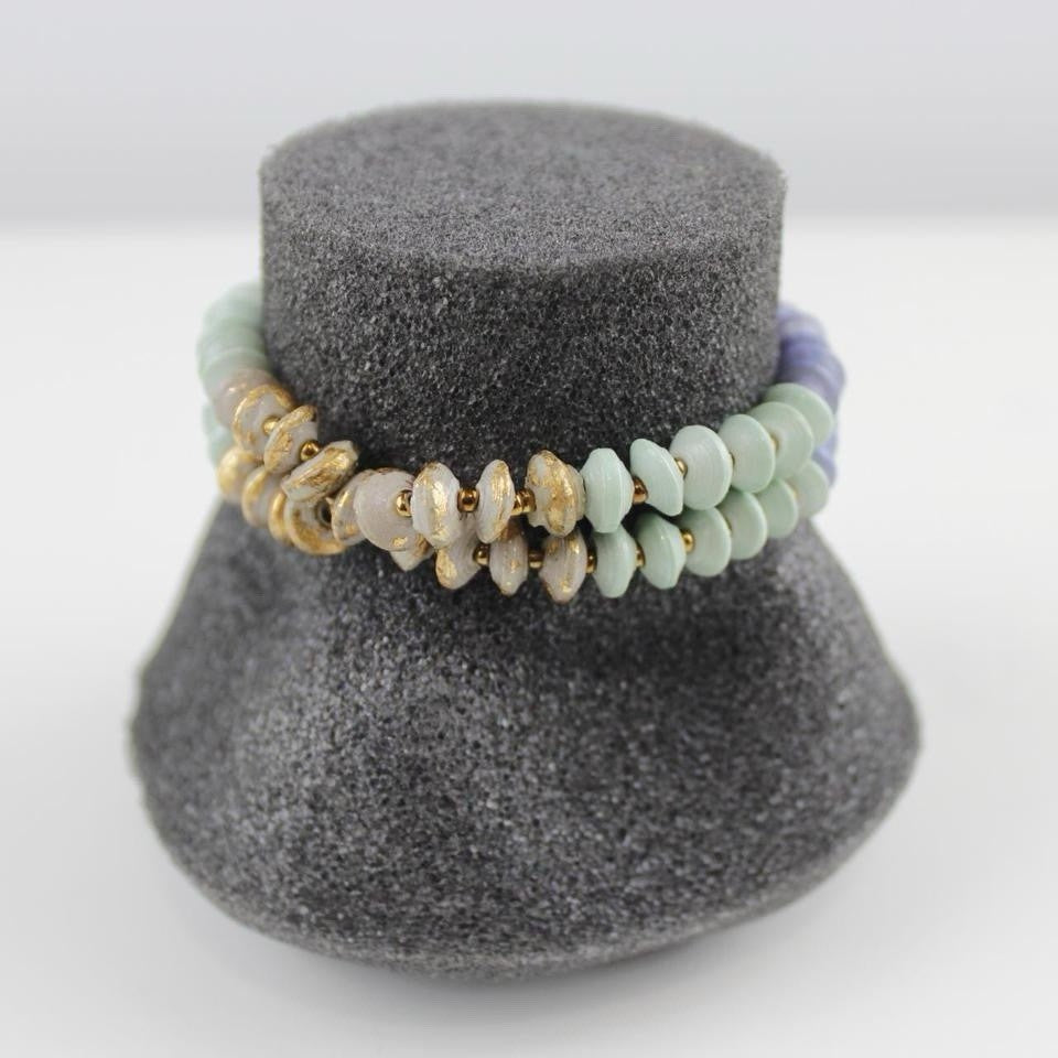 Pastel Beaded Double Strand Bracelet Green Purple Gold Fashion Jewelry