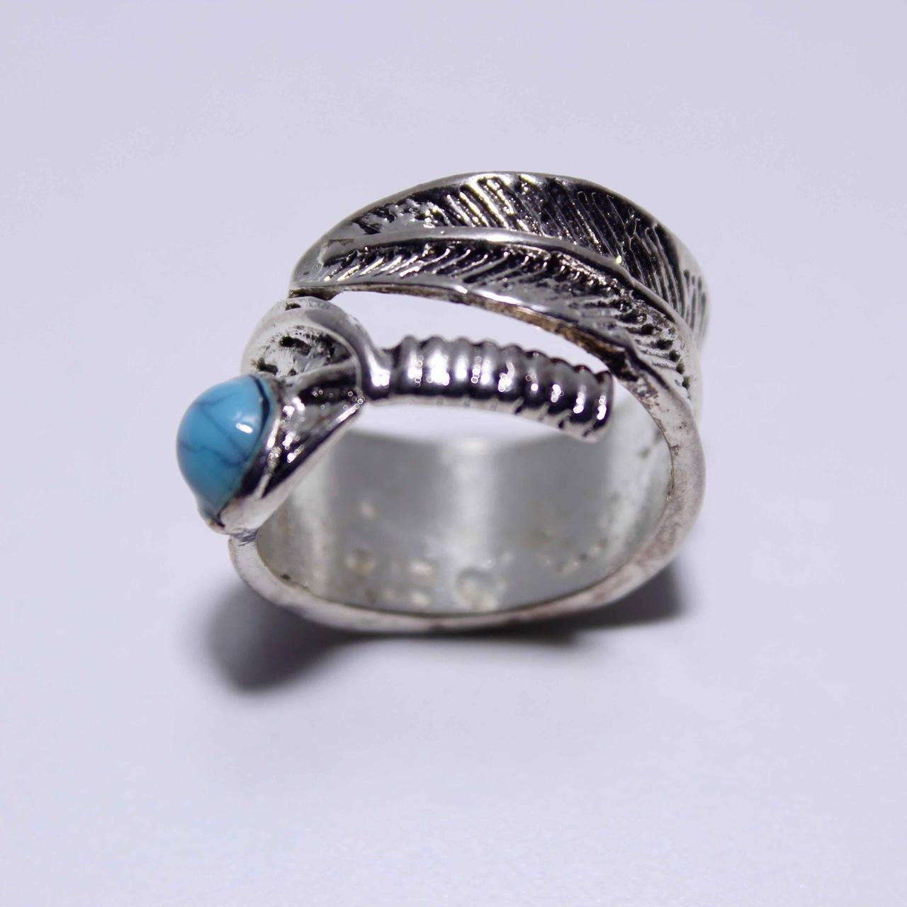 Silver Tone Turquoise Feather Statement Ring Jewellery Fashion