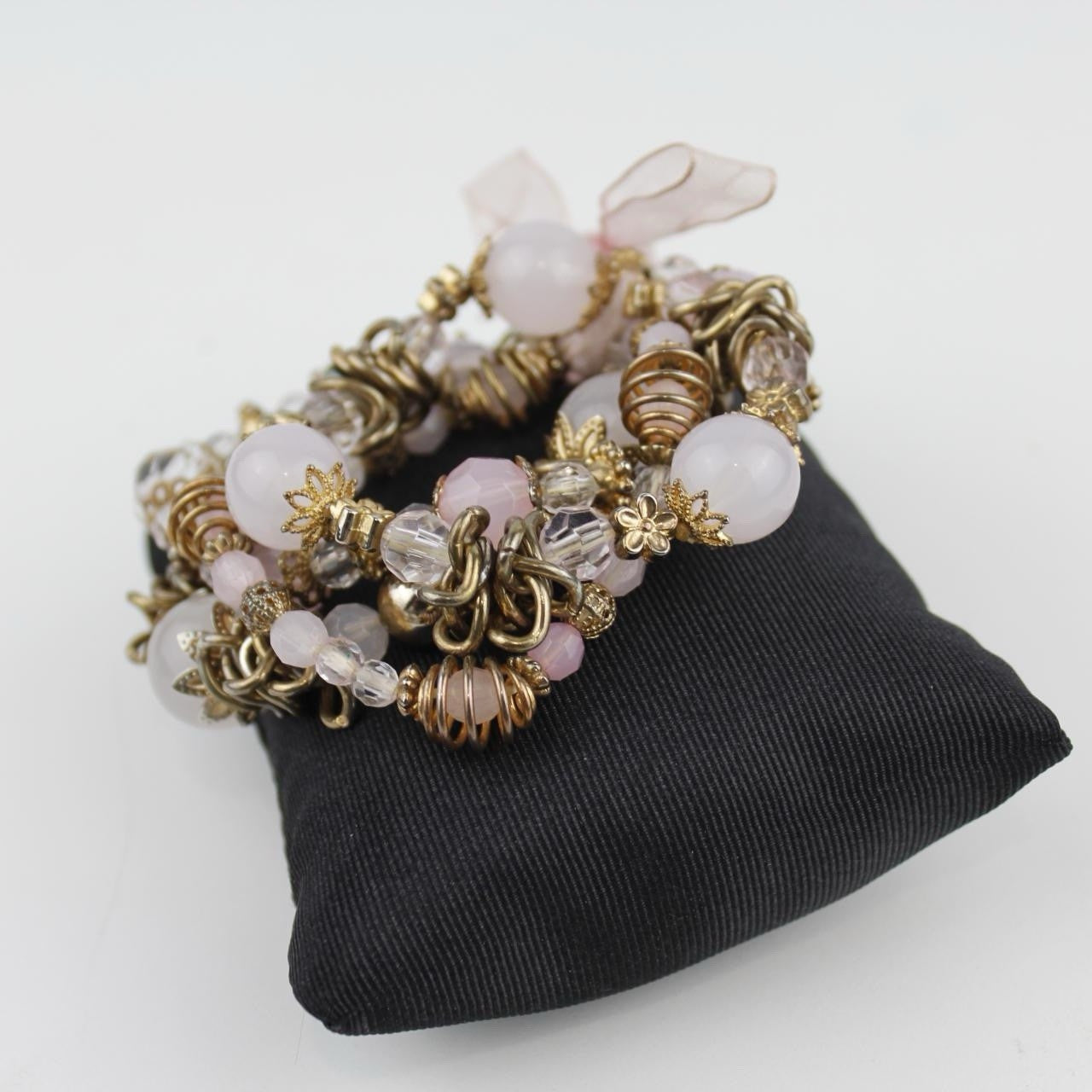 Elegant Beaded Bracelets Set with White Pink Gold Beads and Ribbon