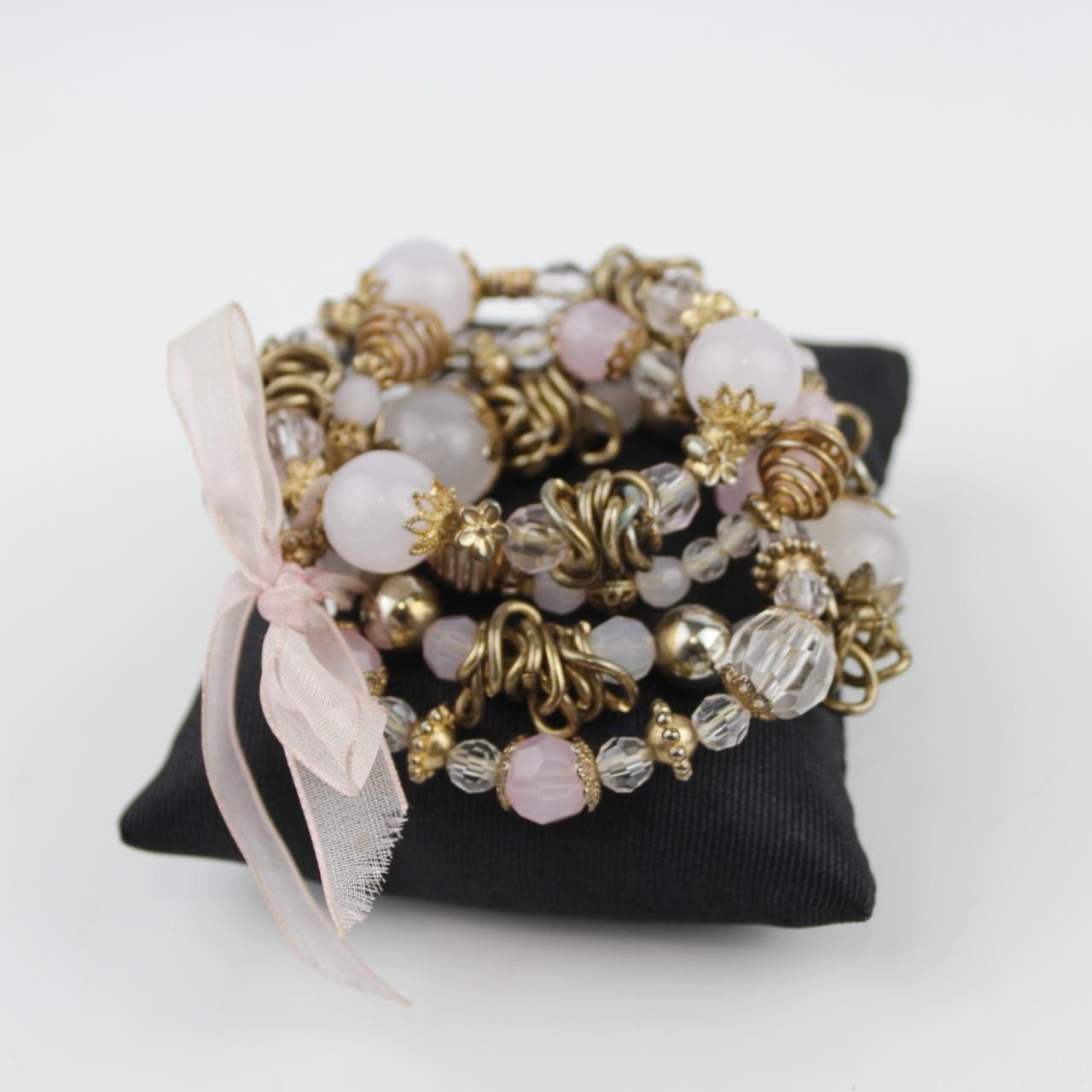 Elegant Beaded Bracelets Set with White Pink Gold Beads and Ribbon