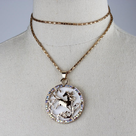 Long Pendant Necklace Gold Tone Chain Unicorn Pendant Rhinestone Decor Elegant