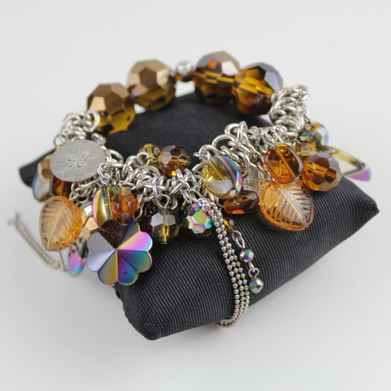 Unique Charm Bracelet - Amber Faceted Beads & Iridescent Dangles - Silver Tone