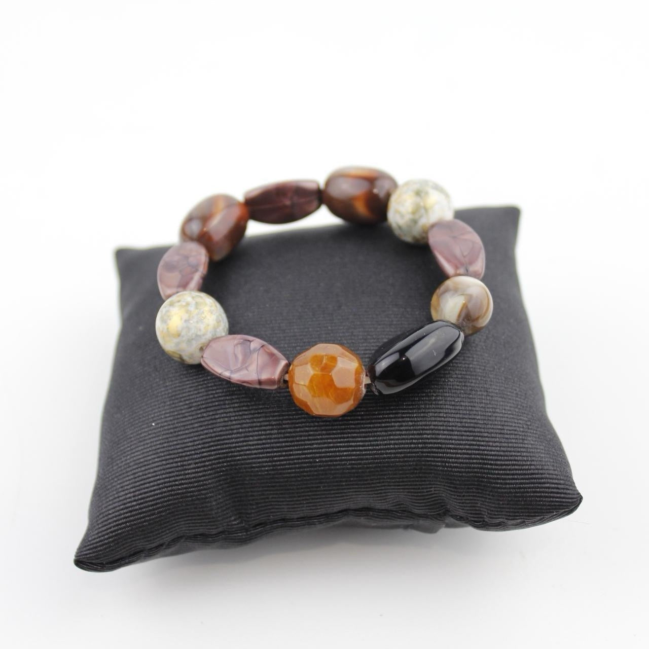 Polished Stone Bead Bracelet Earthy Tones Brown Amber Black Cream Organic