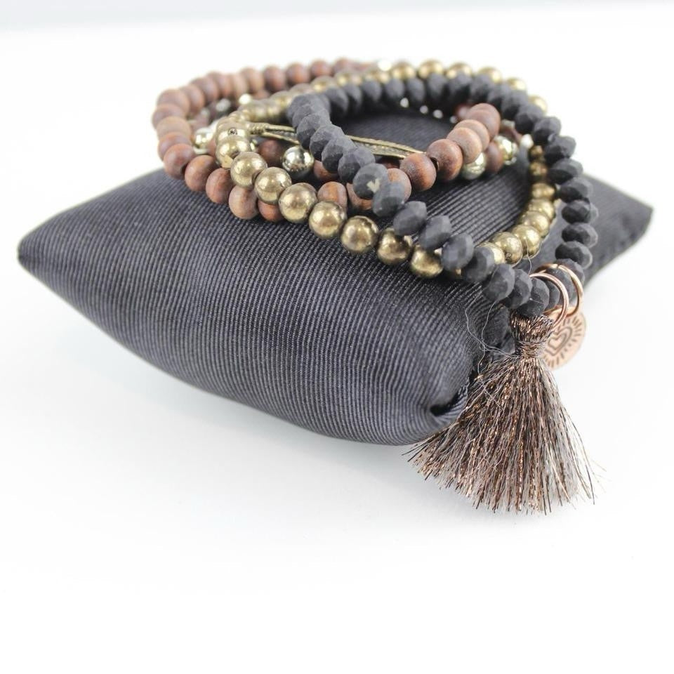 Boho Beaded Bracelet Set Tassel Charm Wood Black Gold Layered Jewelry