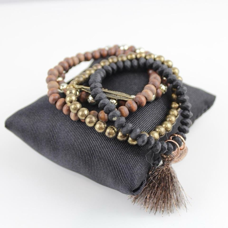 Boho Beaded Bracelet Set Tassel Charm Wood Black Gold Layered Jewelry
