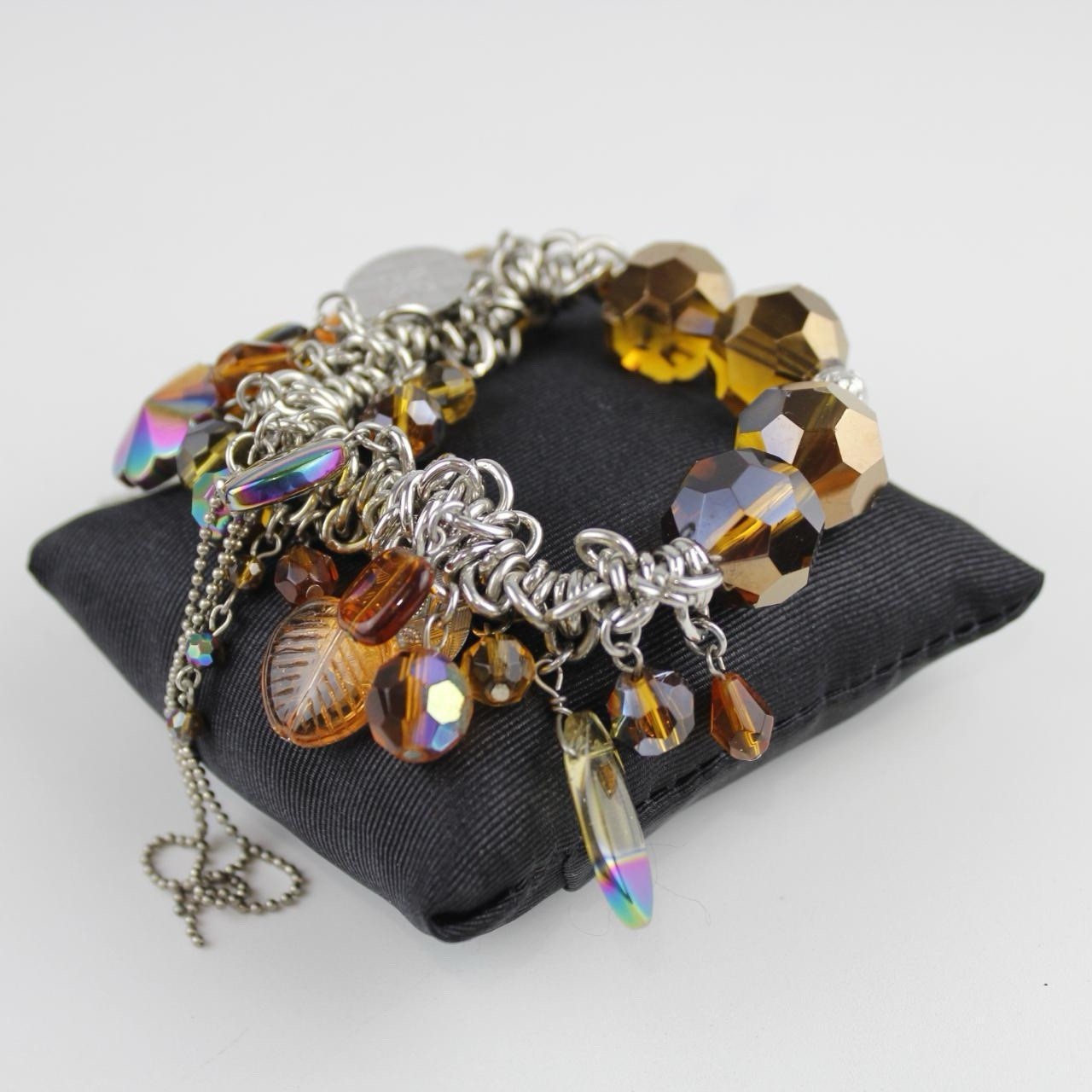Unique Charm Bracelet - Amber Faceted Beads & Iridescent Dangles - Silver Tone