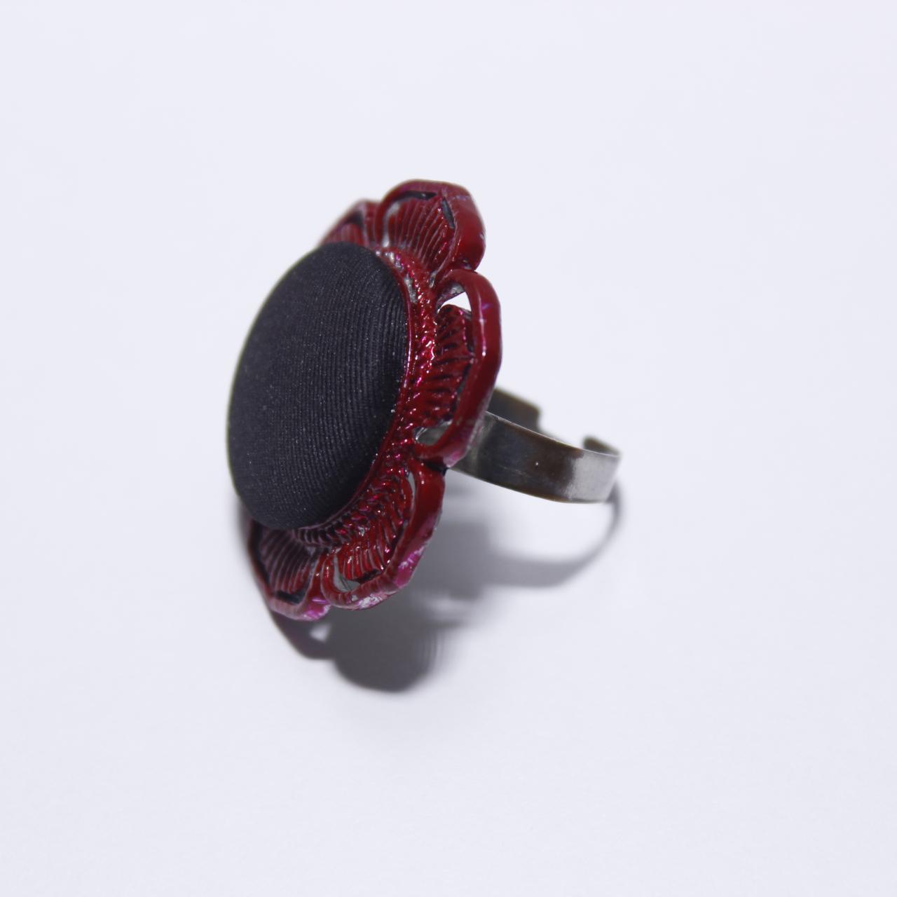 Red Poppy Flower Ring Black Fabric Button Filigree Statement Jewellery